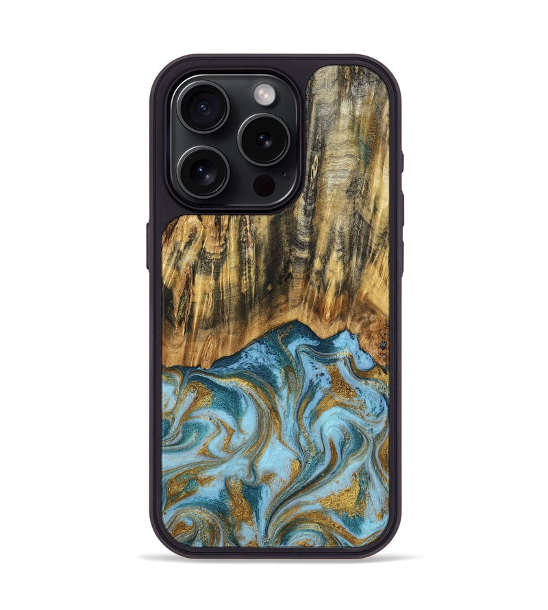 iPhone 15 Pro Wood Phone Case - Declan (Teal & Gold, 800761)