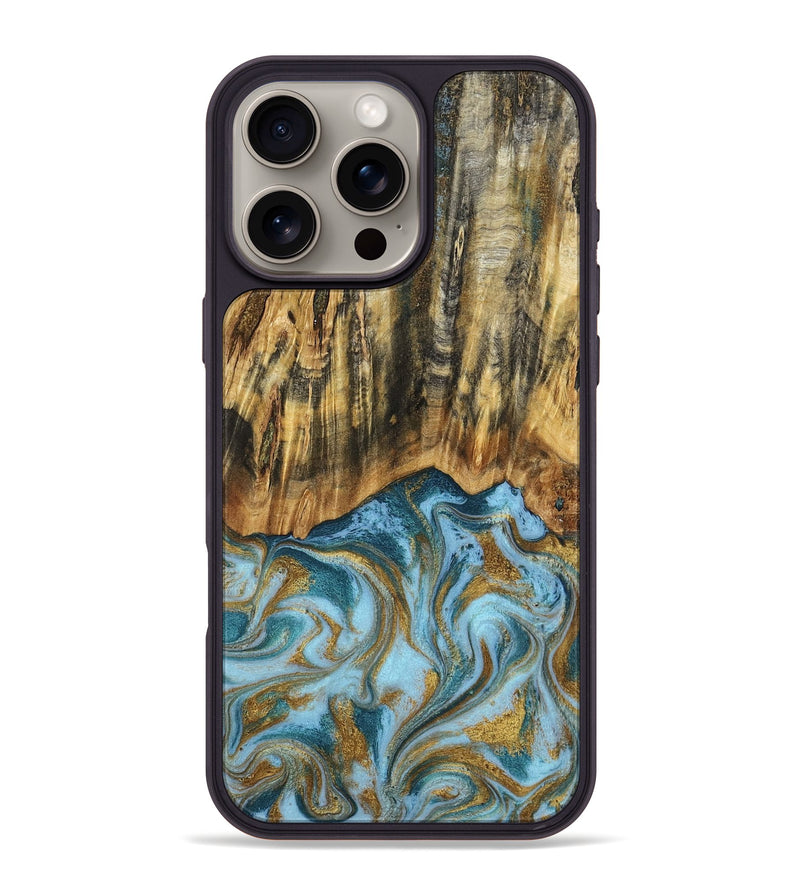 iPhone 16 Pro Max Wood Phone Case - Declan (Teal & Gold, 800761)