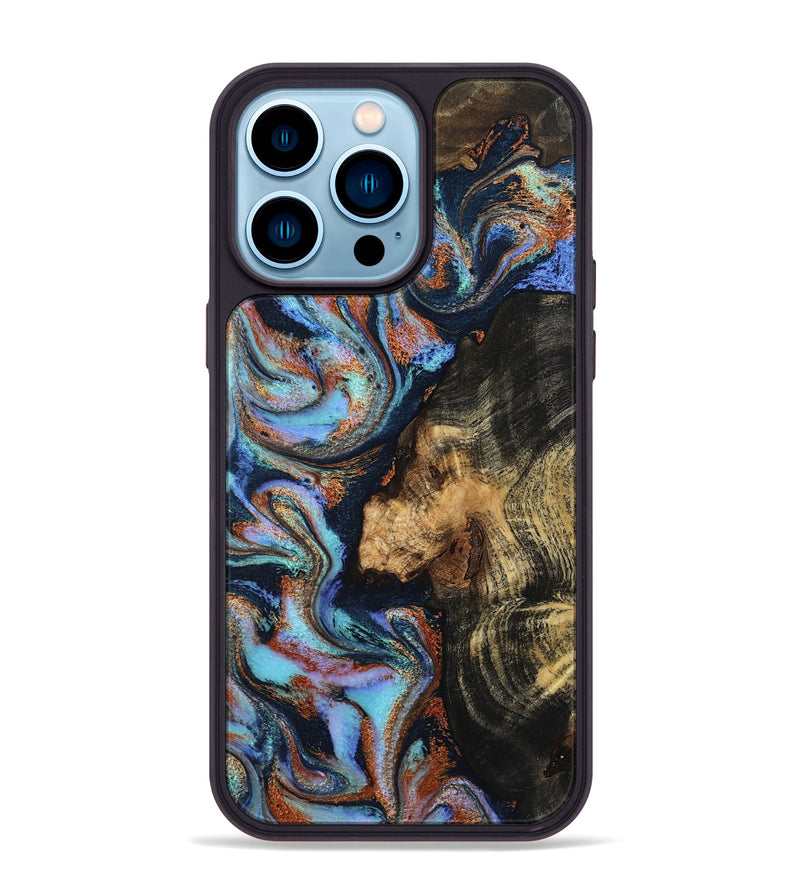 iPhone 14 Pro Max Wood Phone Case - Loula (Teal & Gold, 800762)