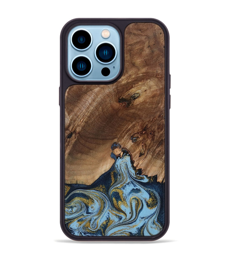 iPhone 14 Pro Max Wood Phone Case - Delois (Teal & Gold, 800763)