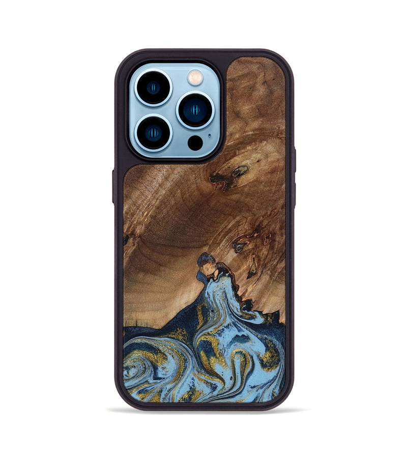 iPhone 14 Pro Wood Phone Case - Delois (Teal & Gold, 800763)