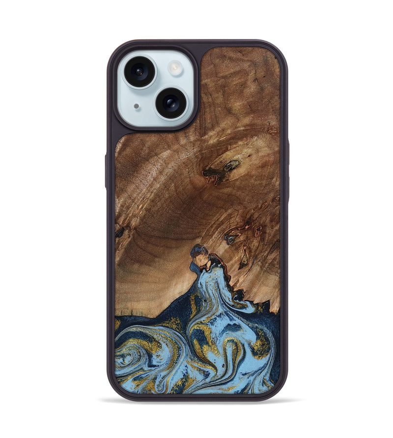 iPhone 15 Wood Phone Case - Delois (Teal & Gold, 800763)