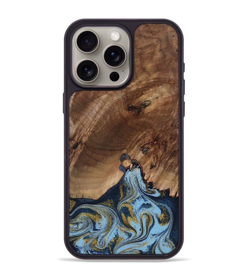 iPhone 15 Pro Max Wood Phone Case - Delois (Teal & Gold, 800763)