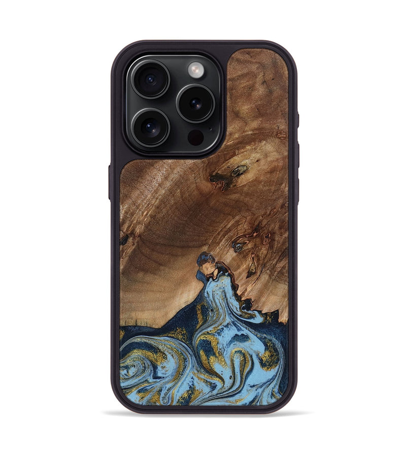 iPhone 15 Pro Wood Phone Case - Delois (Teal & Gold, 800763)