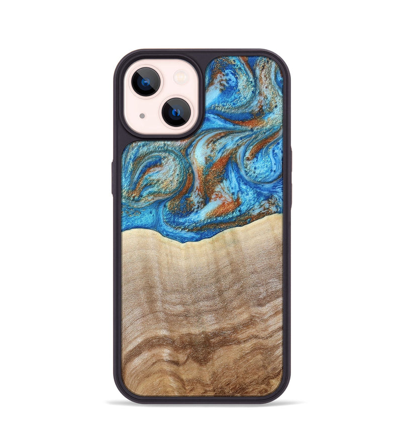 iPhone 14 Wood Phone Case - Emmer (Teal & Gold, 800764)