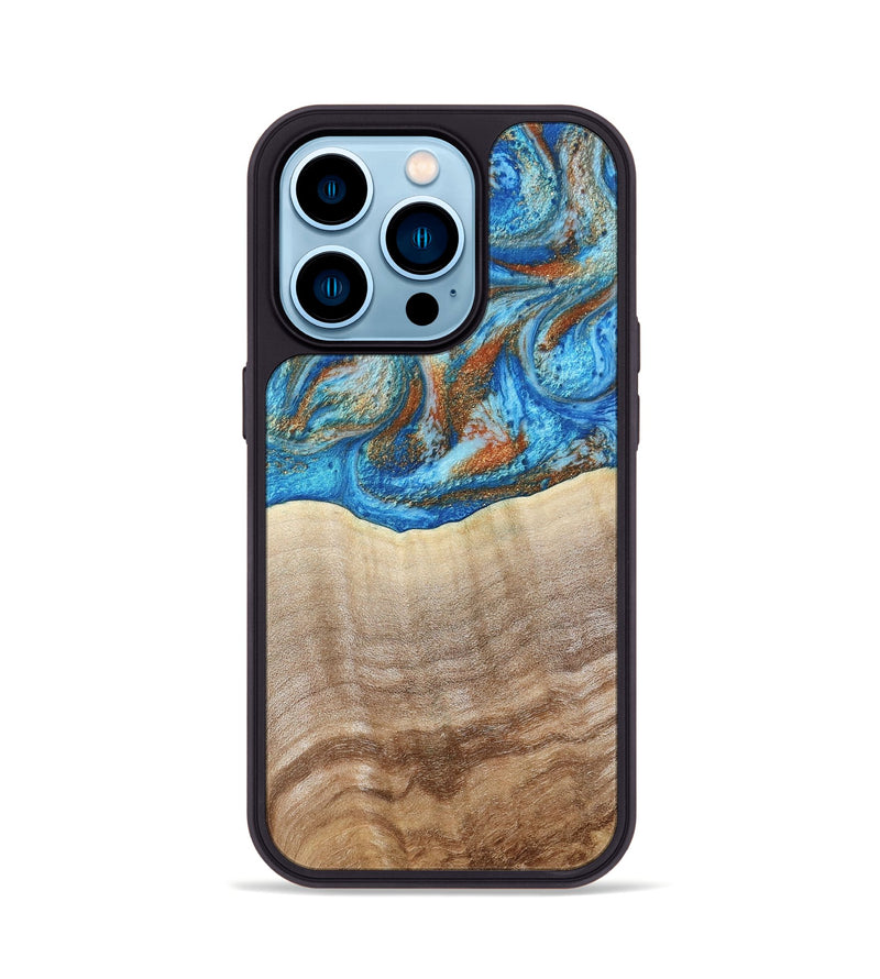 iPhone 14 Pro Wood Phone Case - Emmer (Teal & Gold, 800764)