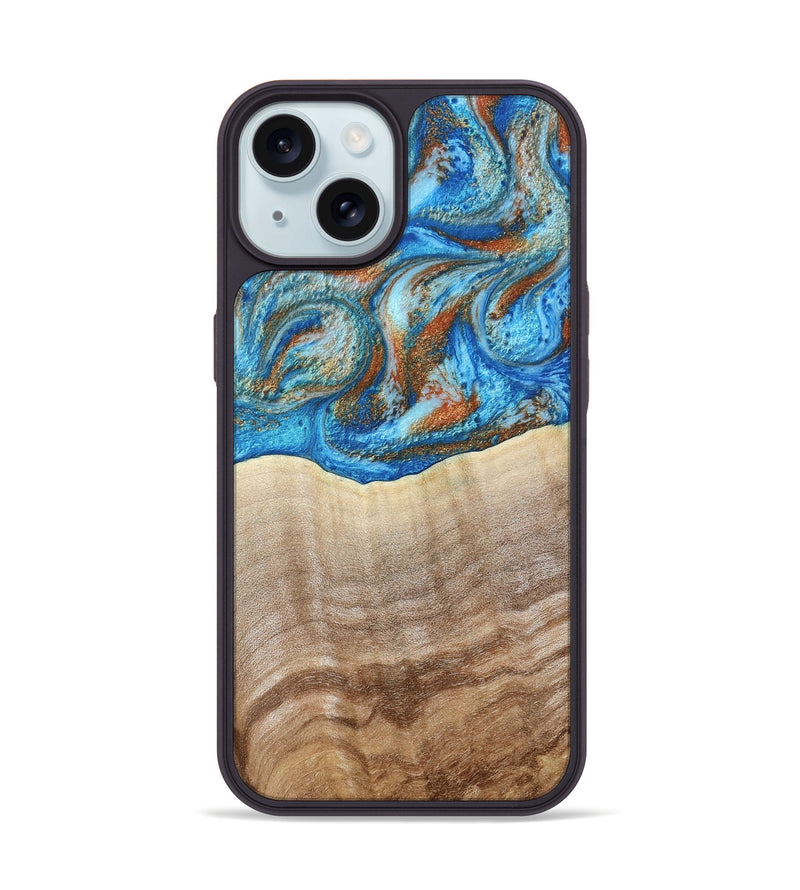 iPhone 15 Wood Phone Case - Emmer (Teal & Gold, 800764)