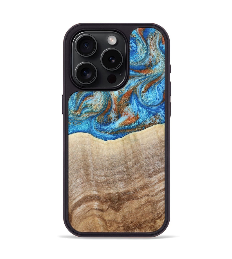 iPhone 15 Pro Wood Phone Case - Emmer (Teal & Gold, 800764)