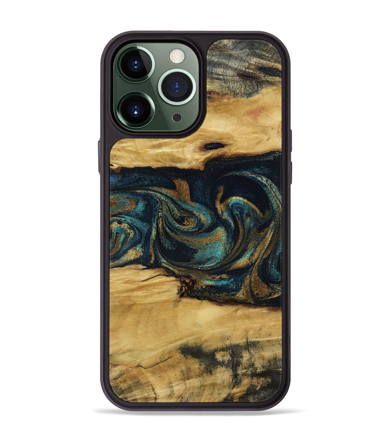 iPhone 13 Pro Max Wood Phone Case - Jeromy (Teal & Gold, 800766)