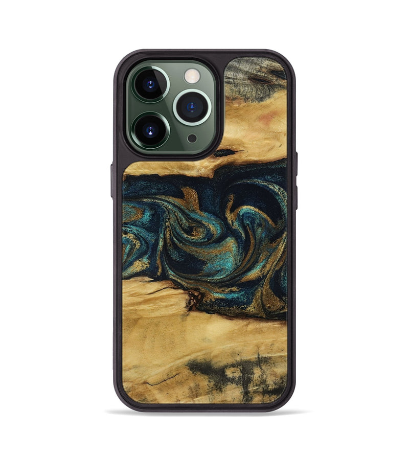 iPhone 13 Pro Wood Phone Case - Jeromy (Teal & Gold, 800766)