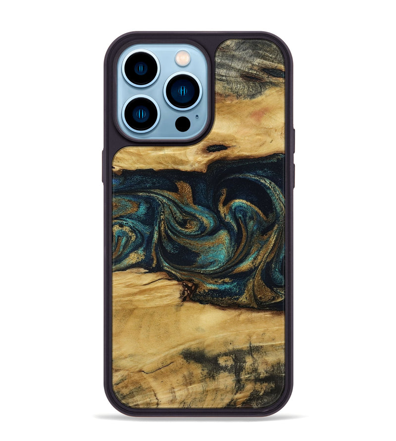 iPhone 14 Pro Max Wood Phone Case - Jeromy (Teal & Gold, 800766)