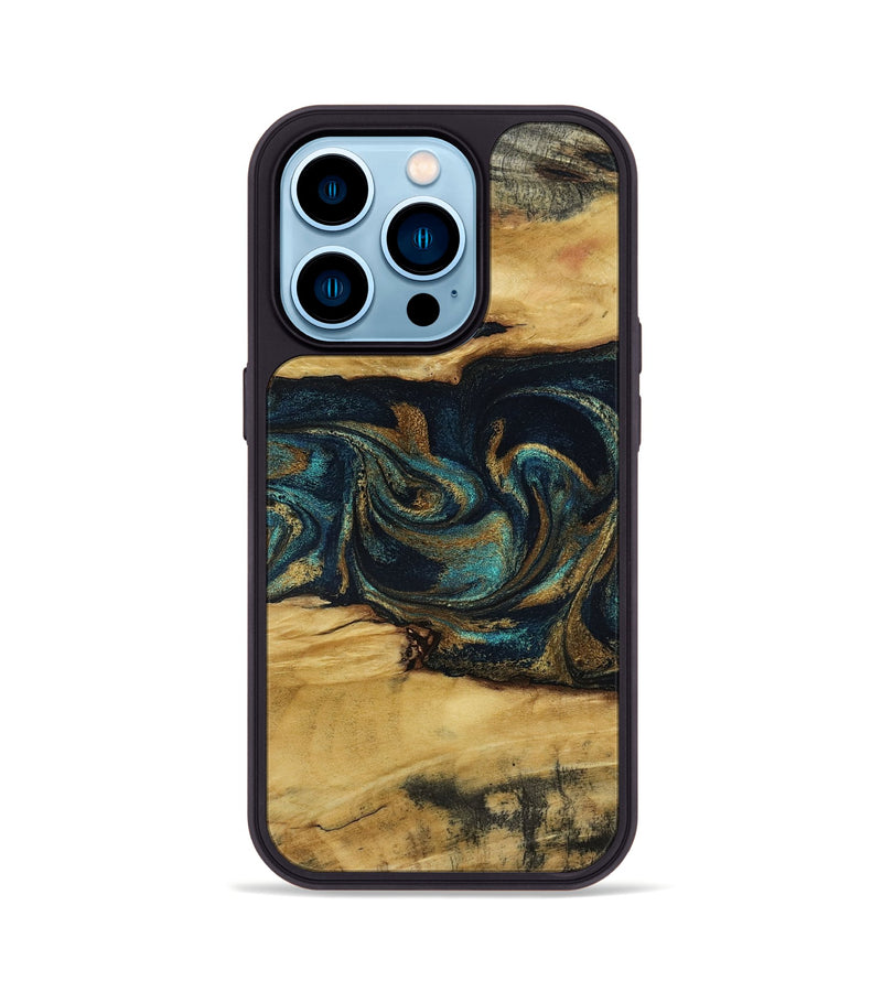 iPhone 14 Pro Wood Phone Case - Jeromy (Teal & Gold, 800766)
