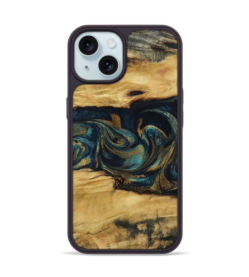 iPhone 15 Wood Phone Case - Jeromy (Teal & Gold, 800766)
