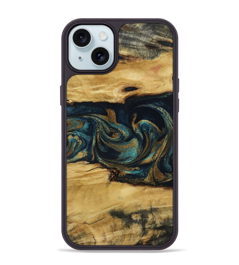 iPhone 15 Plus Wood Phone Case - Jeromy (Teal & Gold, 800766)