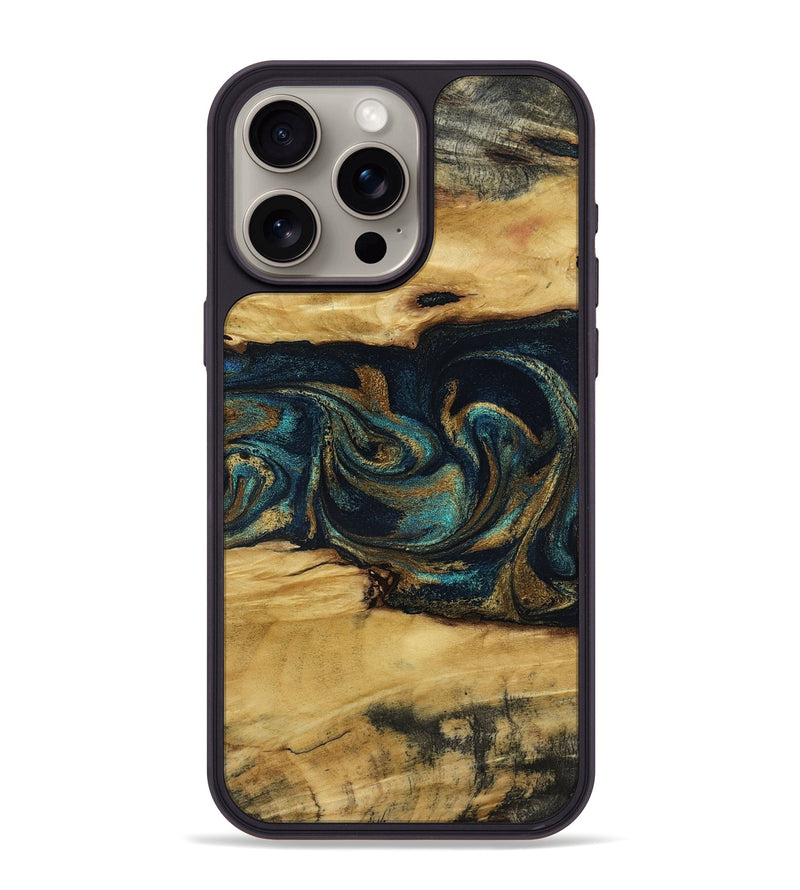 iPhone 15 Pro Max Wood Phone Case - Jeromy (Teal & Gold, 800766)