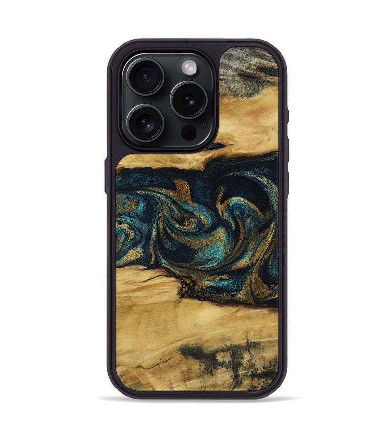 iPhone 15 Pro Wood Phone Case - Jeromy (Teal & Gold, 800766)