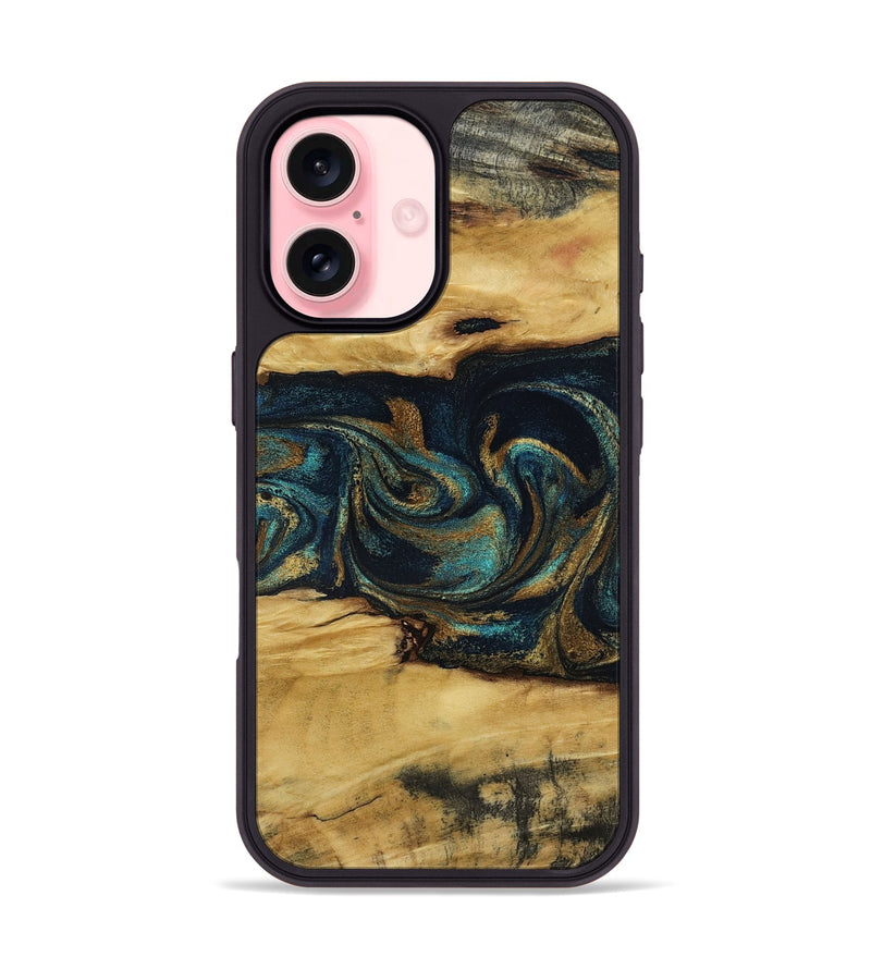 iPhone 16 Wood Phone Case - Jeromy (Teal & Gold, 800766)