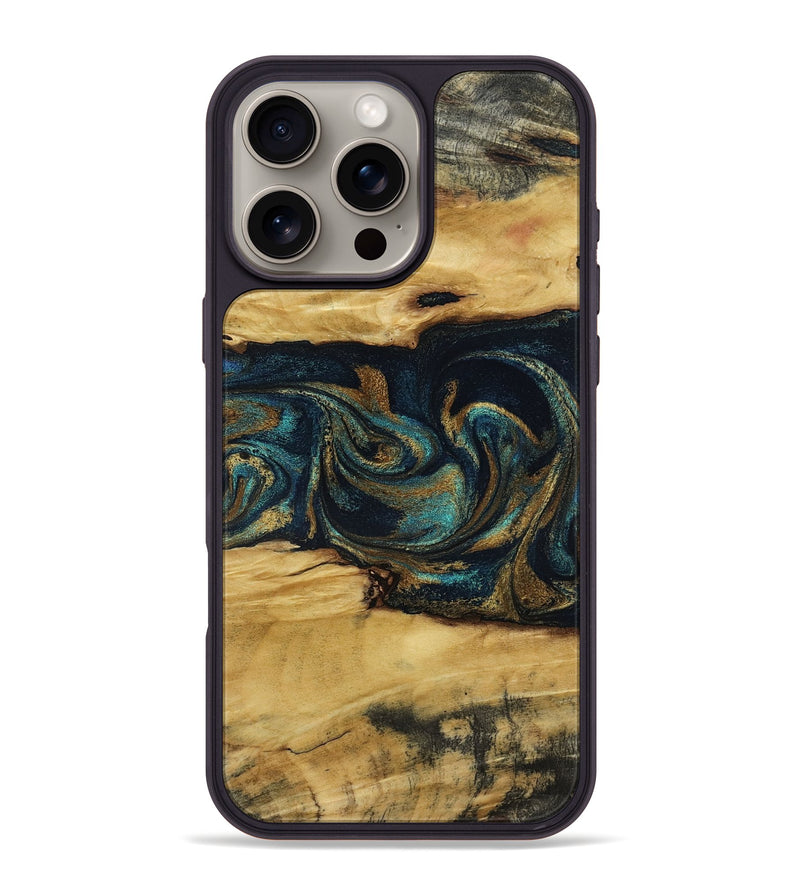 iPhone 16 Pro Max Wood Phone Case - Jeromy (Teal & Gold, 800766)