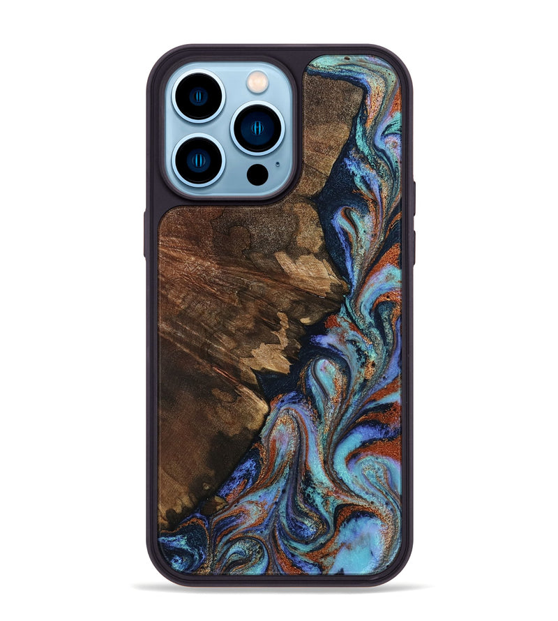 iPhone 14 Pro Max Wood Phone Case - Norita (Teal & Gold, 800769)