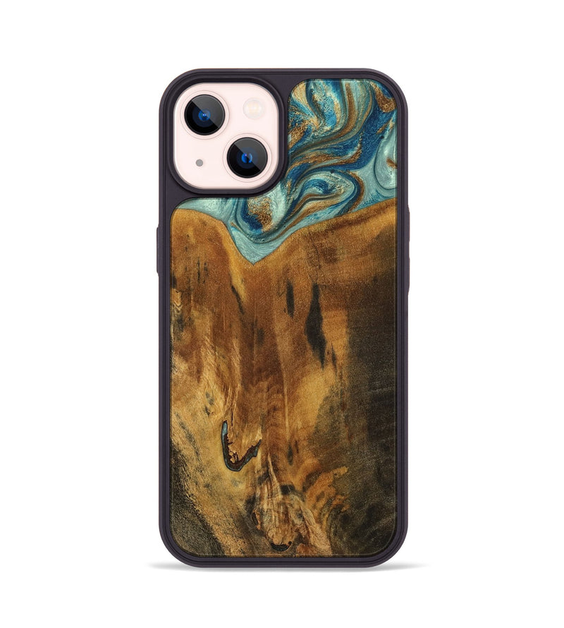 iPhone 14 Wood Phone Case - Rocio (Teal & Gold, 800771)