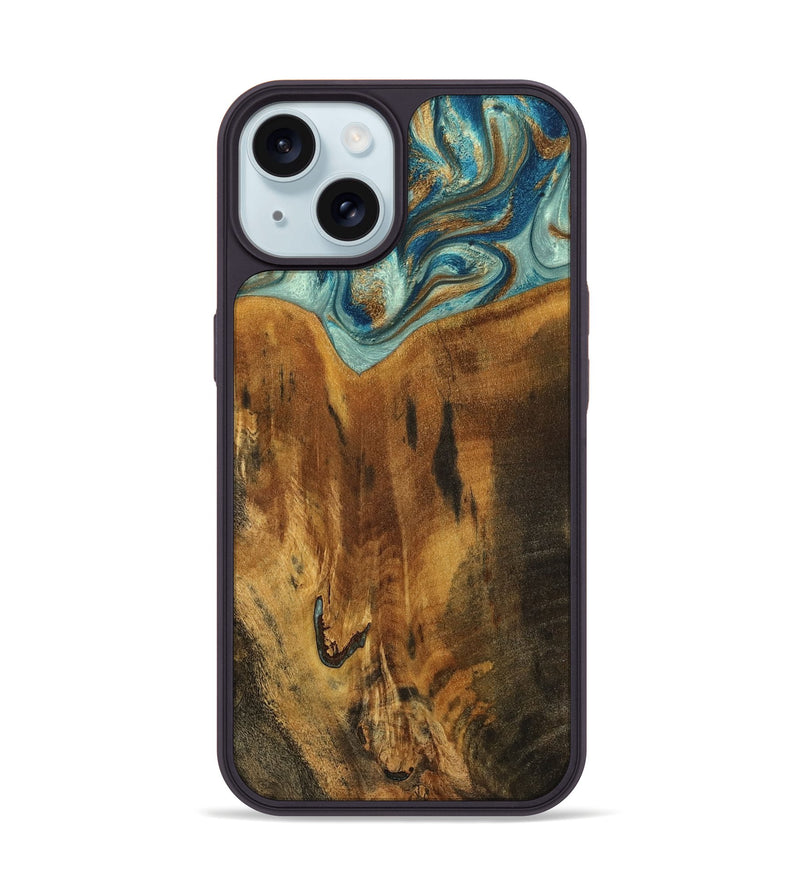 iPhone 15 Wood Phone Case - Rocio (Teal & Gold, 800771)
