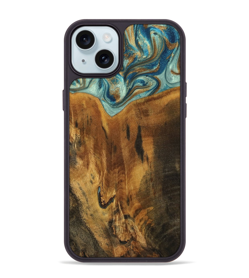 iPhone 15 Plus Wood Phone Case - Rocio (Teal & Gold, 800771)