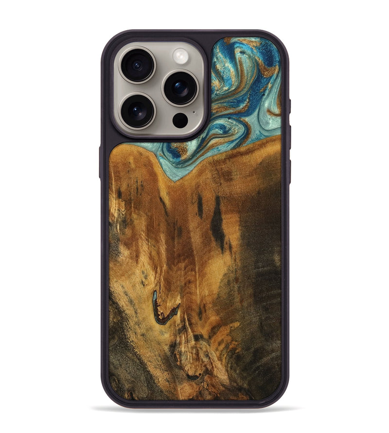 iPhone 15 Pro Max Wood Phone Case - Rocio (Teal & Gold, 800771)