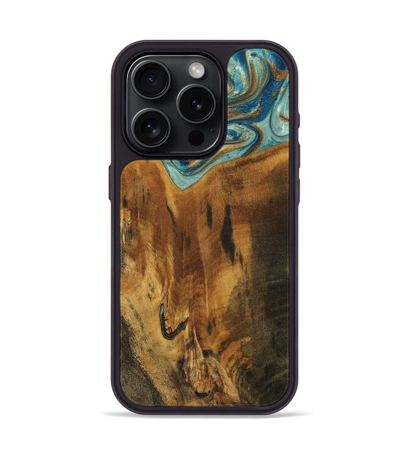 iPhone 15 Pro Wood Phone Case - Rocio (Teal & Gold, 800771)