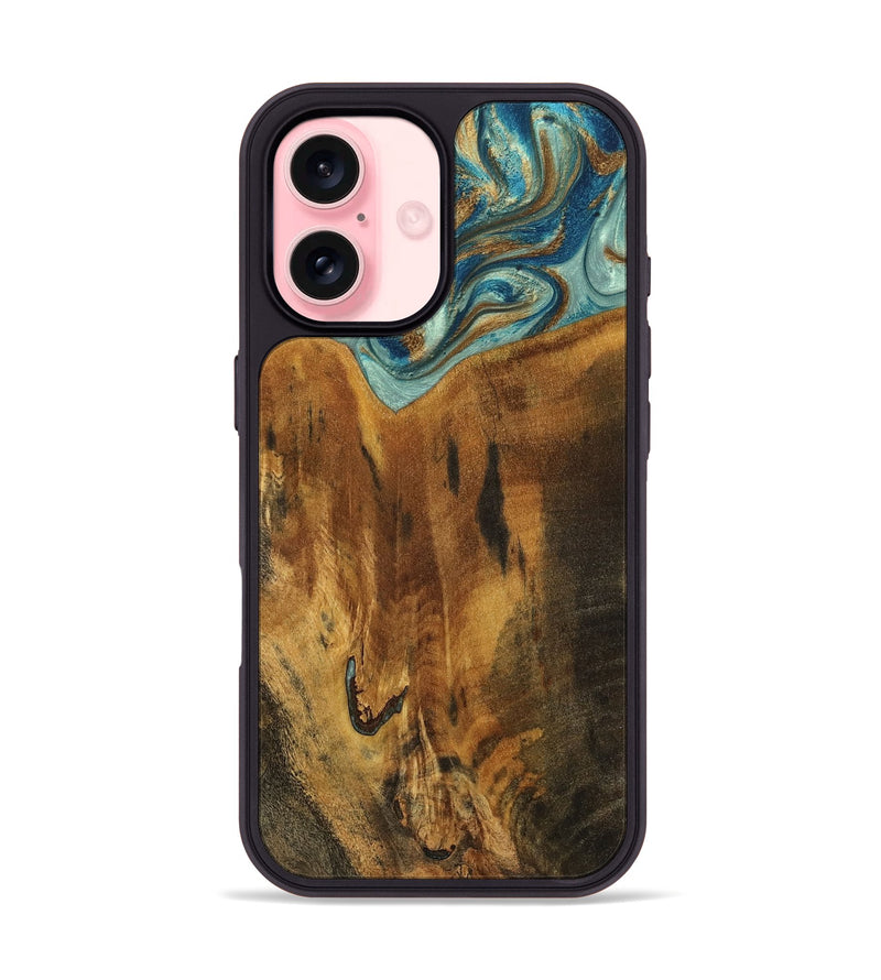 iPhone 16 Wood Phone Case - Rocio (Teal & Gold, 800771)