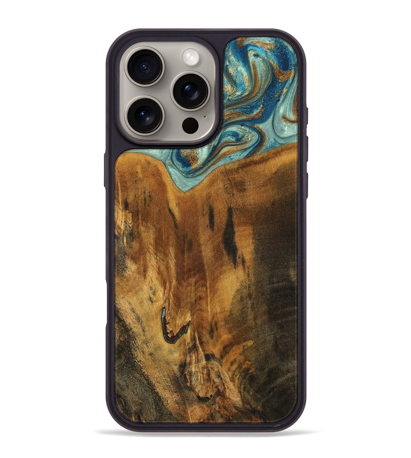 iPhone 16 Pro Max Wood Phone Case - Rocio (Teal & Gold, 800771)