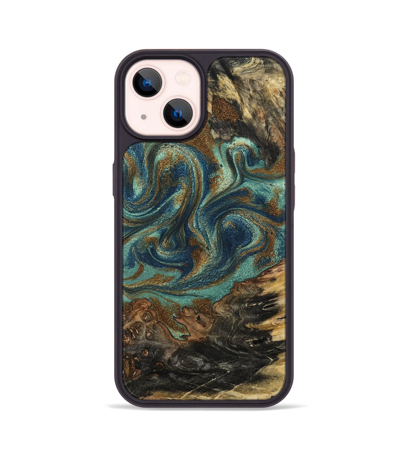 iPhone 14 Wood Phone Case - Chelsie (Teal & Gold, 800773)