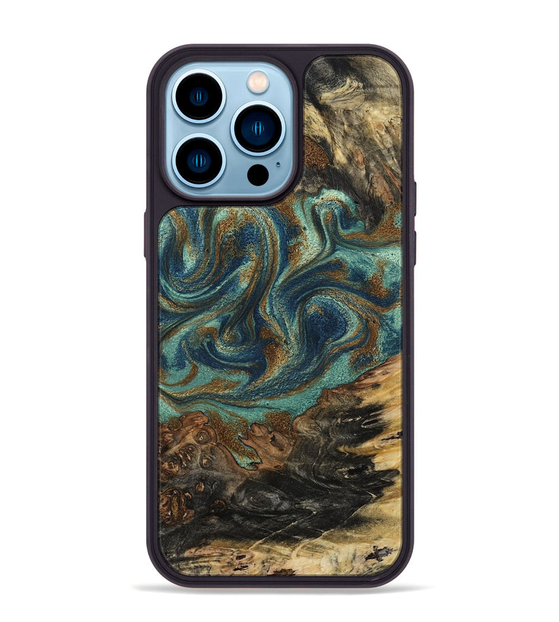 iPhone 14 Pro Max Wood Phone Case - Chelsie (Teal & Gold, 800773)
