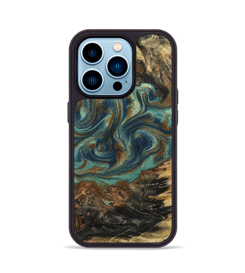 iPhone 14 Pro Wood Phone Case - Chelsie (Teal & Gold, 800773)
