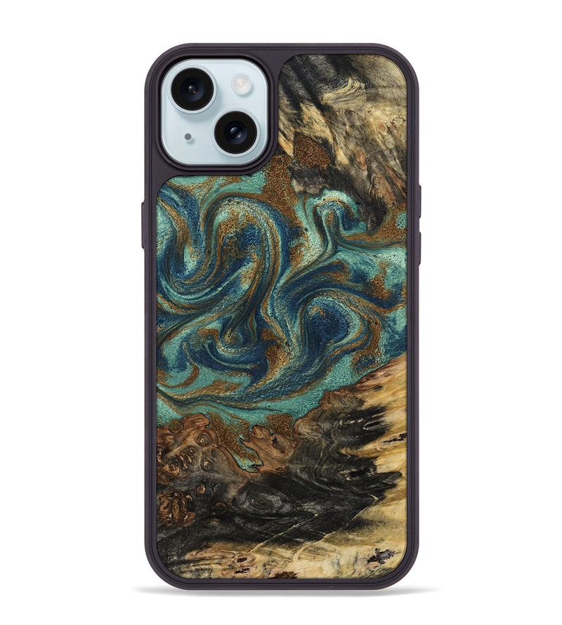 iPhone 15 Plus Wood Phone Case - Chelsie (Teal & Gold, 800773)