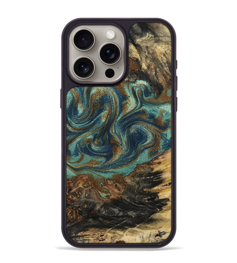 iPhone 15 Pro Max Wood Phone Case - Chelsie (Teal & Gold, 800773)