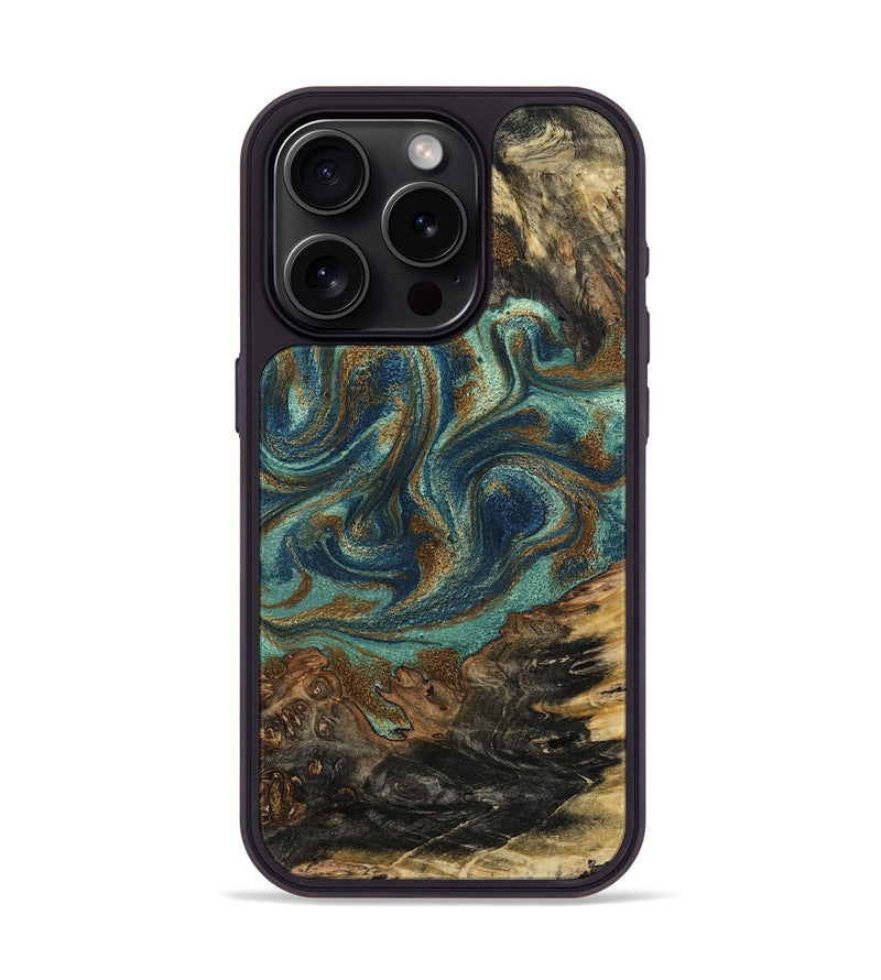 iPhone 15 Pro Wood Phone Case - Chelsie (Teal & Gold, 800773)
