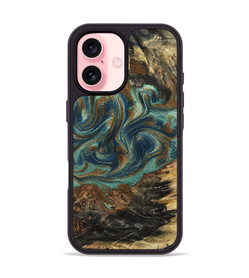 iPhone 16 Wood Phone Case - Chelsie (Teal & Gold, 800773)