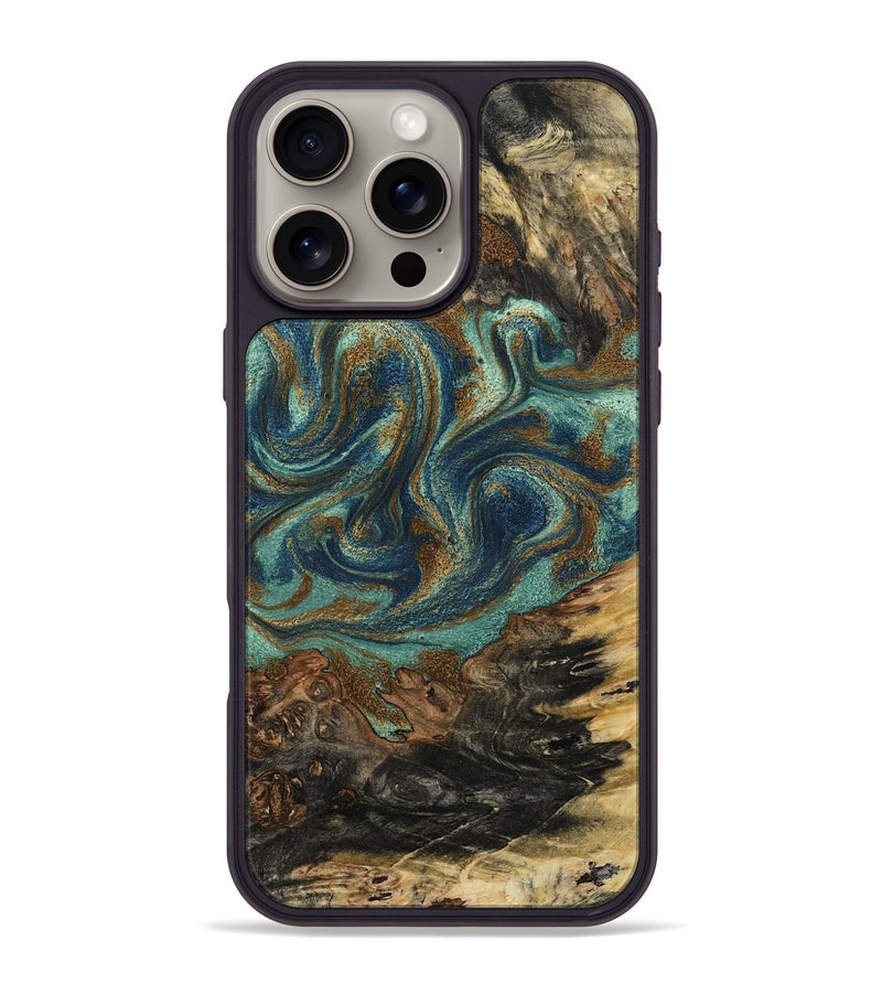 iPhone 16 Pro Max Wood Phone Case - Chelsie (Teal & Gold, 800773)