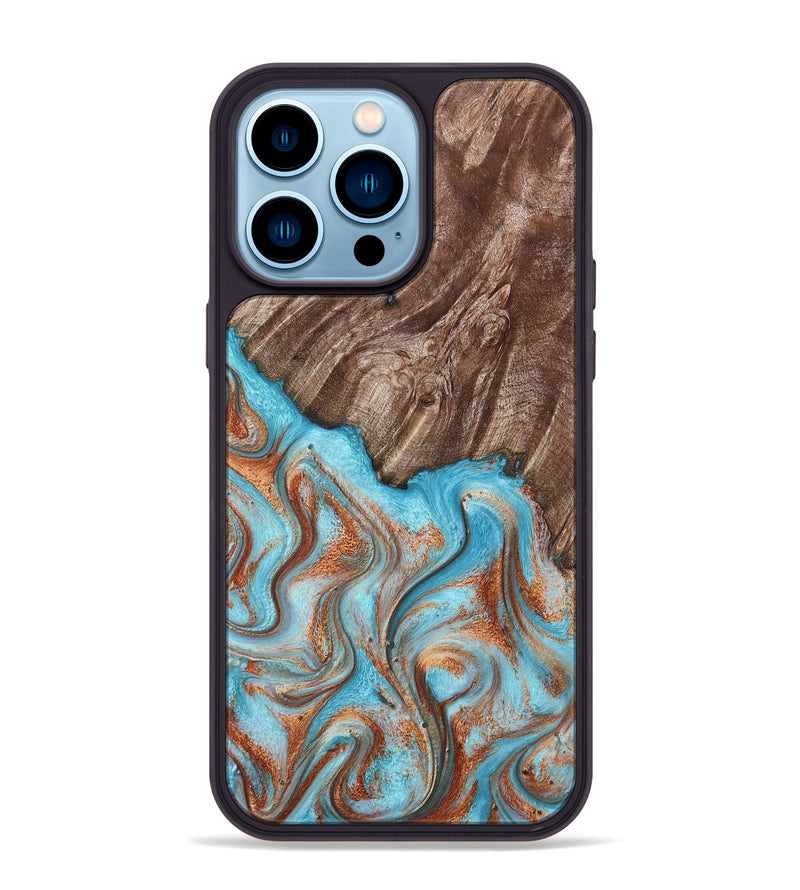 iPhone 14 Pro Max Wood Phone Case - Tressa (Teal & Gold, 801012)