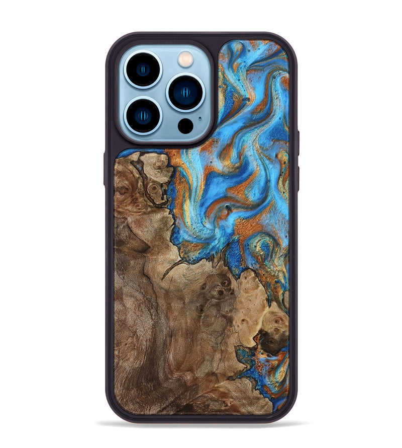 iPhone 14 Pro Max Wood Phone Case - Kaison (Teal & Gold, 801013)