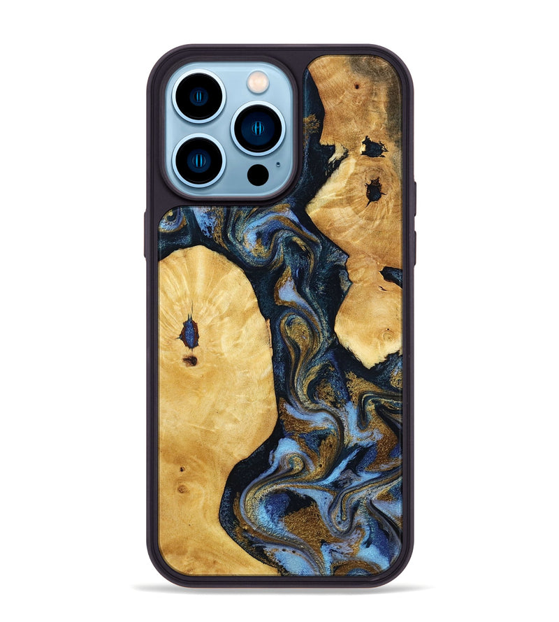 iPhone 14 Pro Max Wood Phone Case - Harlan (Teal & Gold, 801014)