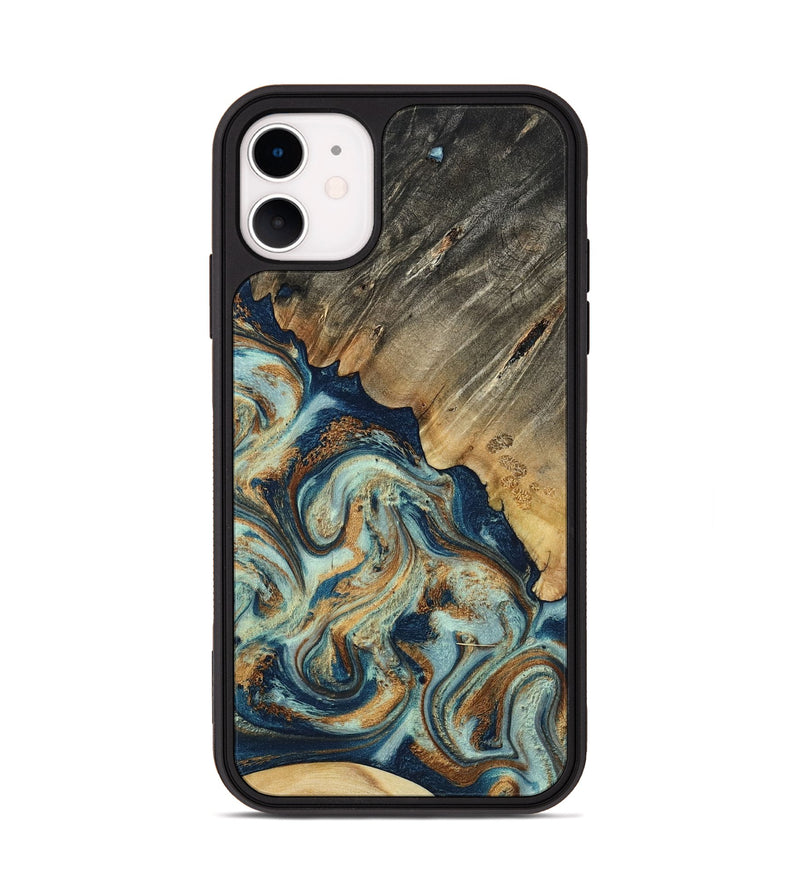 iPhone 11 Wood Phone Case - Abril (Teal & Gold, 801016)