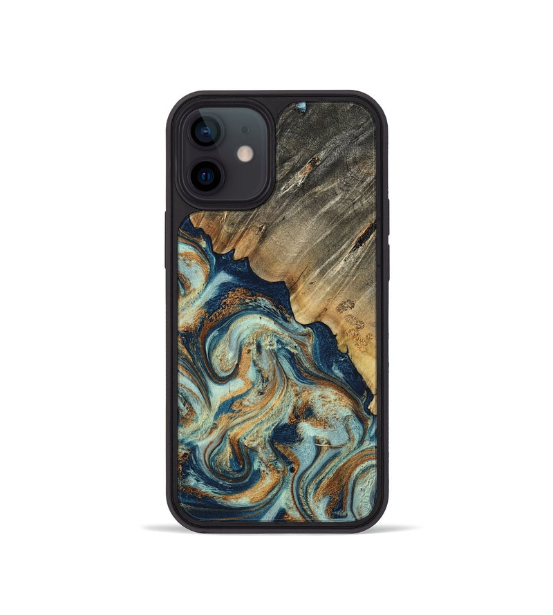 iPhone 12 mini Wood Phone Case - Abril (Teal & Gold, 801016)