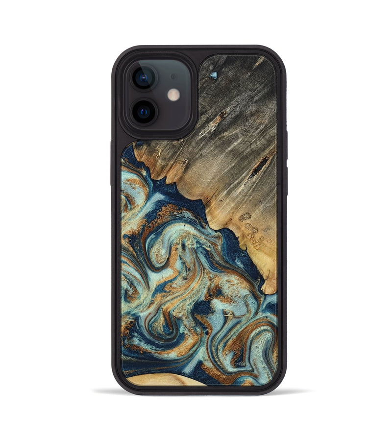 iPhone 12 Wood Phone Case - Abril (Teal & Gold, 801016)