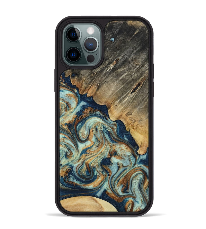 iPhone 12 Pro Max Wood Phone Case - Abril (Teal & Gold, 801016)