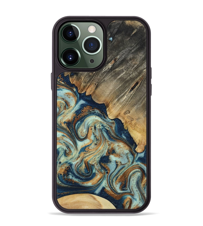 iPhone 13 Pro Max Wood Phone Case - Abril (Teal & Gold, 801016)
