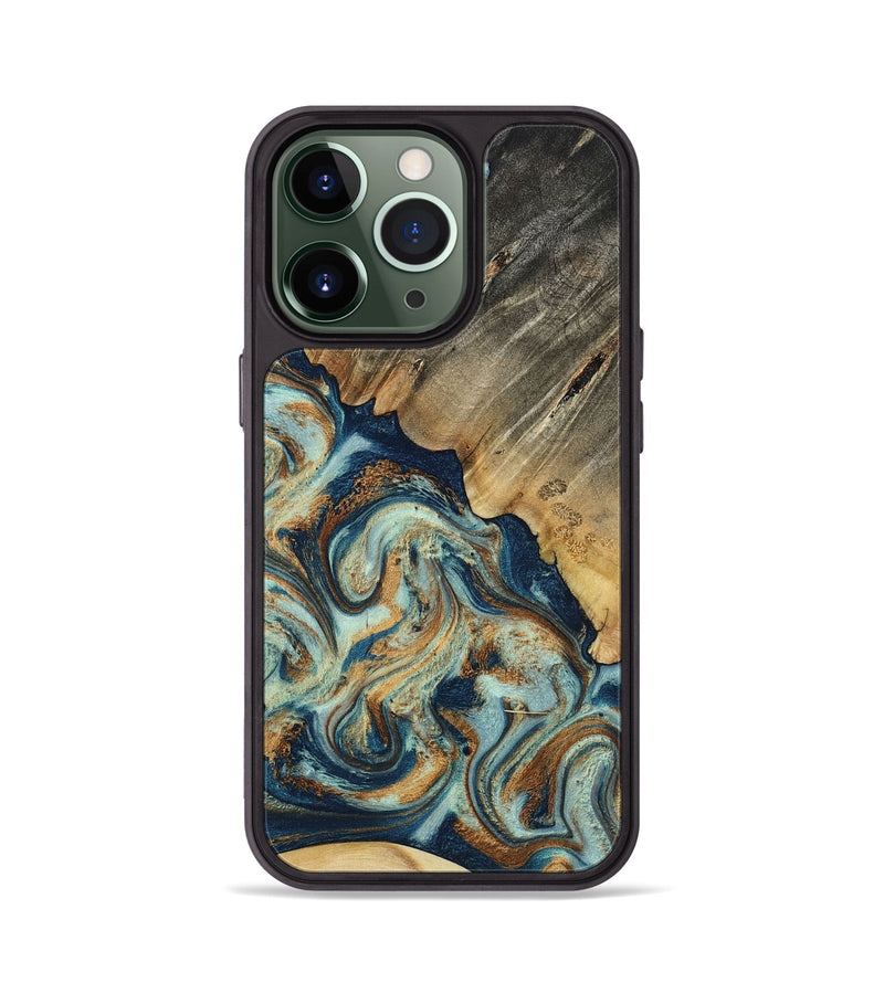 iPhone 13 Pro Wood Phone Case - Abril (Teal & Gold, 801016)
