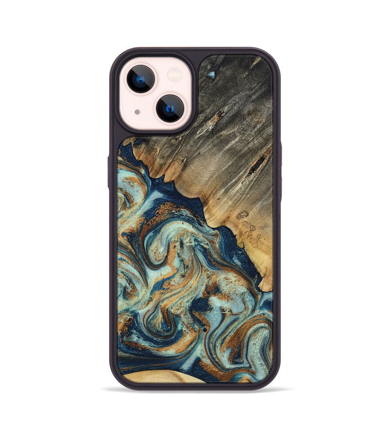 iPhone 14 Wood Phone Case - Abril (Teal & Gold, 801016)