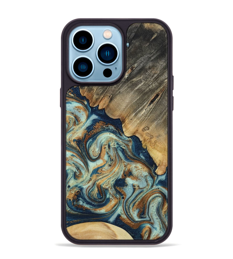 iPhone 14 Pro Max Wood Phone Case - Abril (Teal & Gold, 801016)