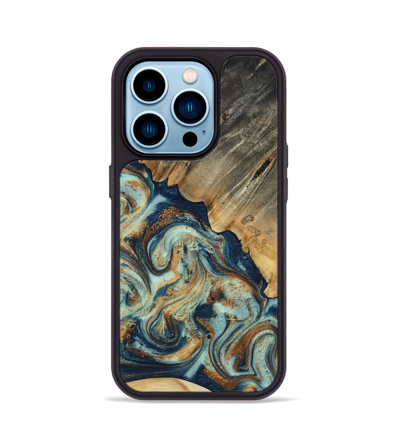 iPhone 14 Pro Wood Phone Case - Abril (Teal & Gold, 801016)